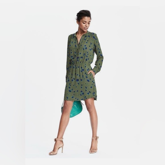 Banana Republic Floral French Shirtdress Lined with Pockets Olive Green Medium - Picture 5 of 12